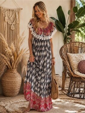 Boho Maxi Dress with Black Ikat Print and Pink Floral Accents